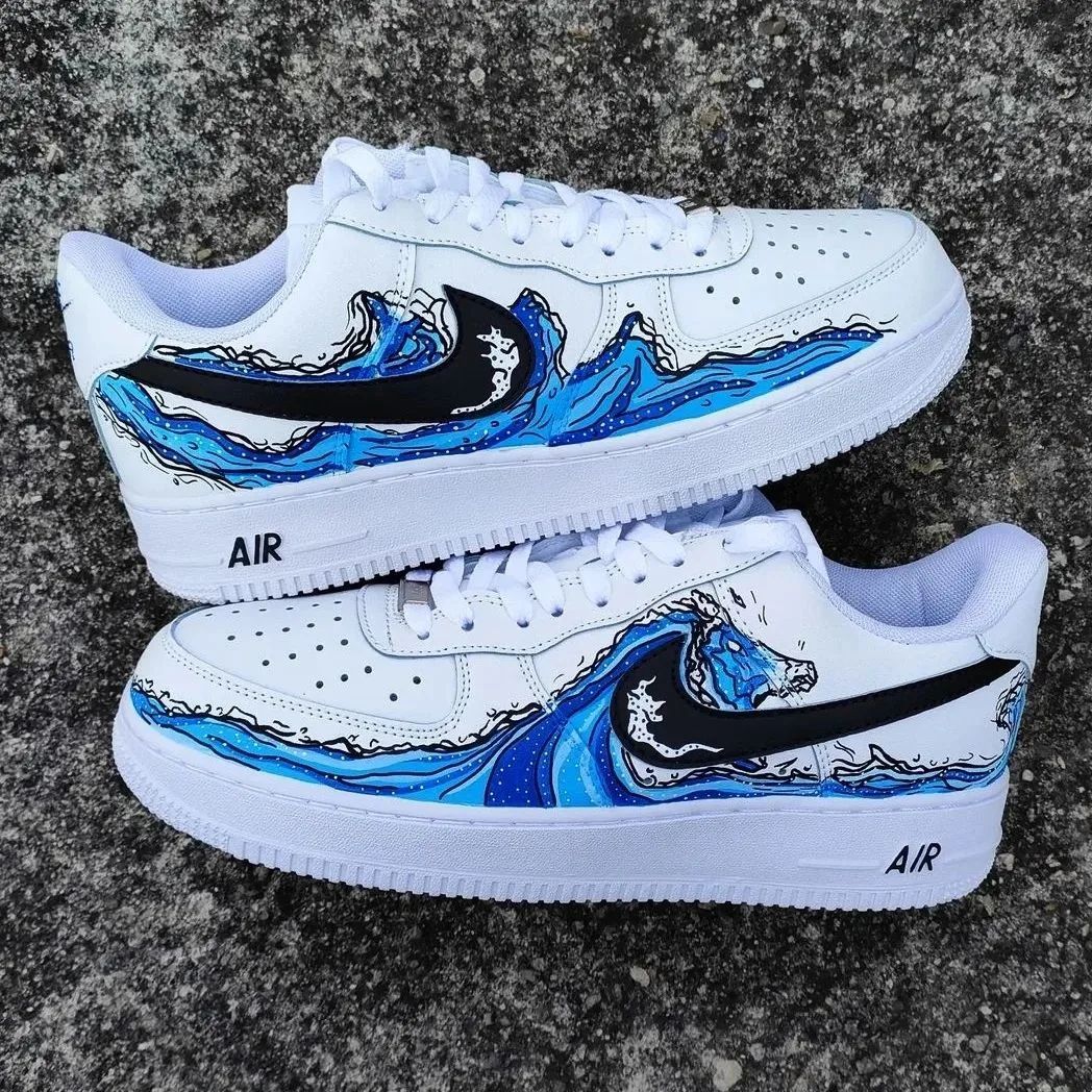 Cool Blue Black Wave Custom AF 1s Shoes