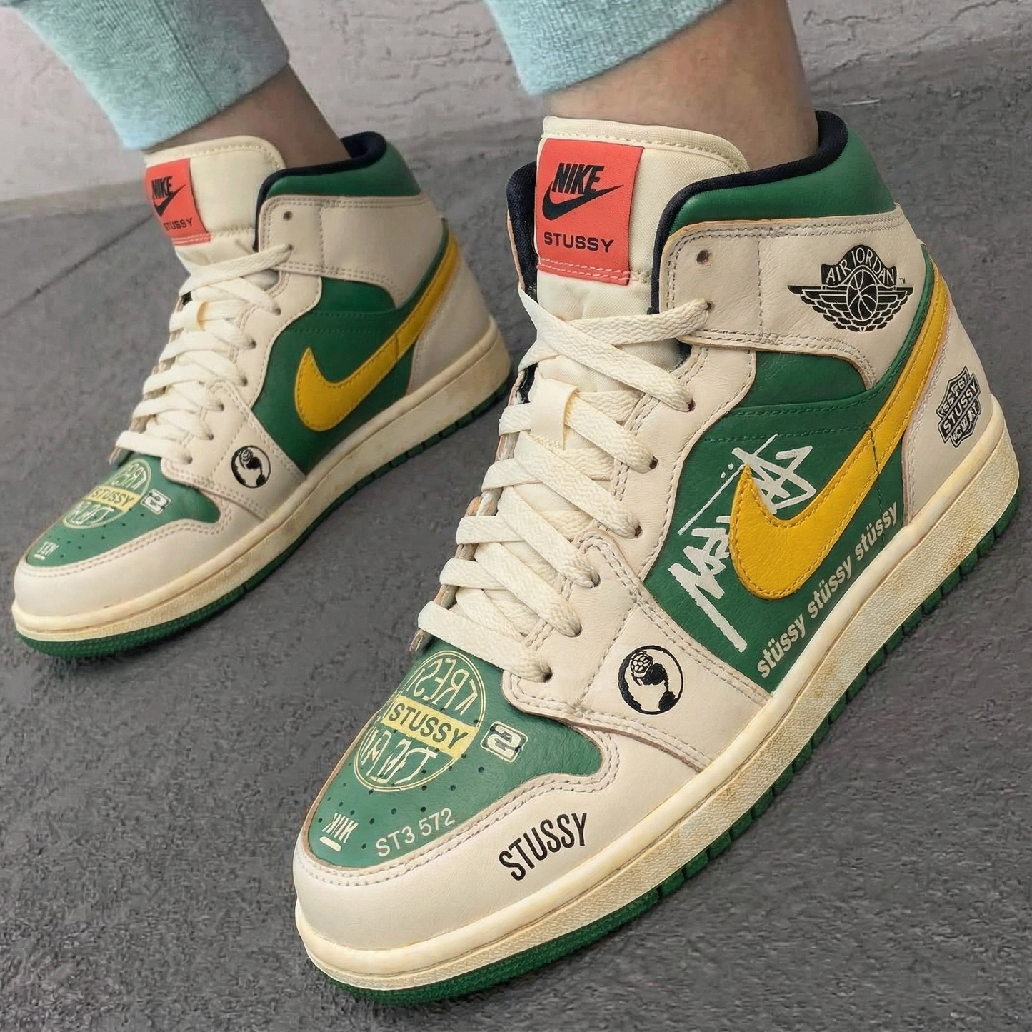 Cream Green Yellow Stussy Custom AJ 1s Shoes