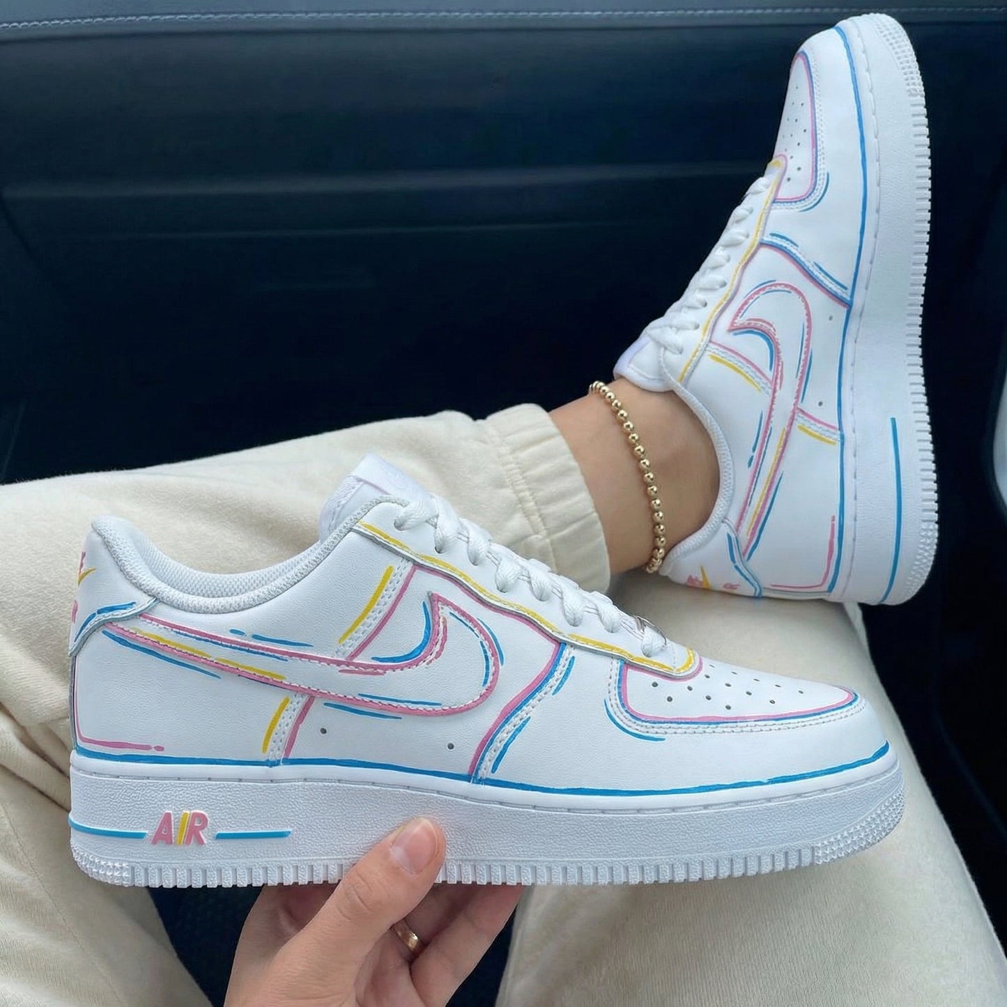 Custom Air Force 1 Baby Pink Blue Yellow Outline