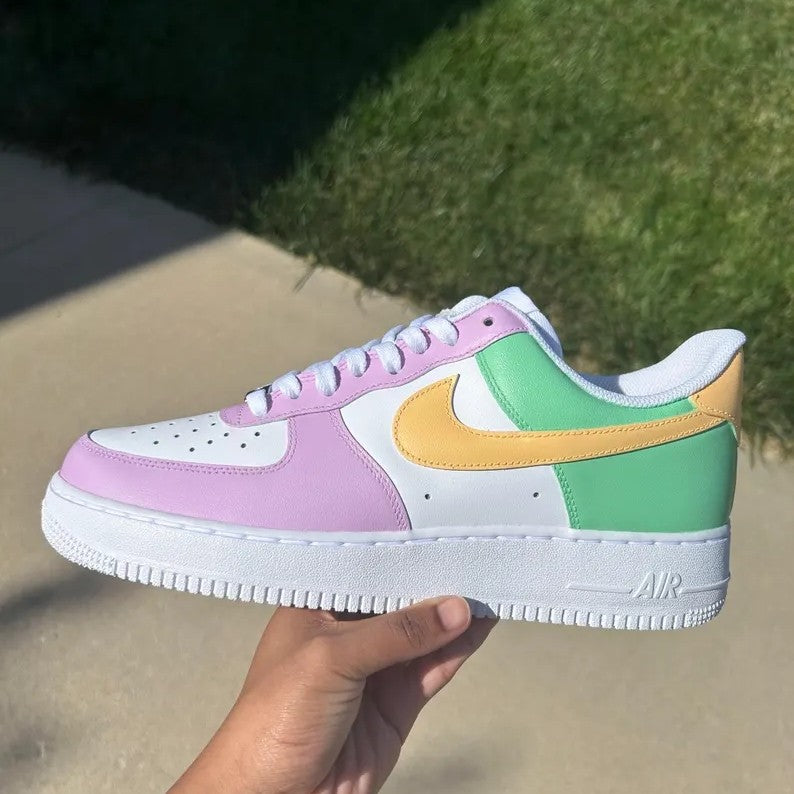 Custom Air Force 1 Baby Pink Green And Yellow Color - Blocked