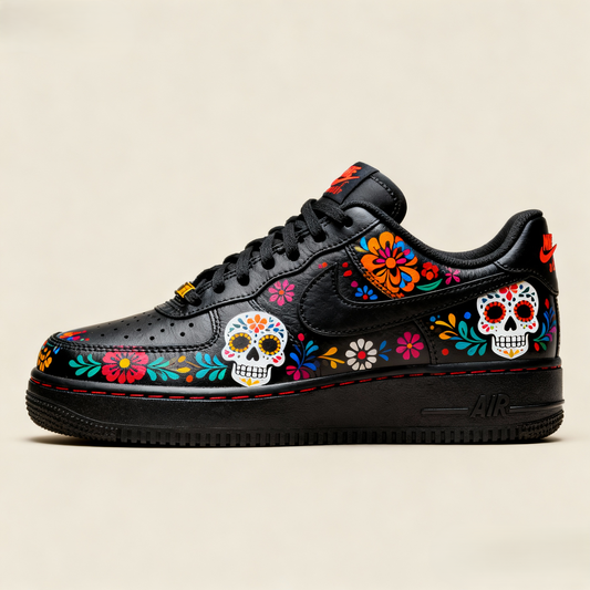 Custom Air Force 1 Black Day Of The Dead Floral Skulls