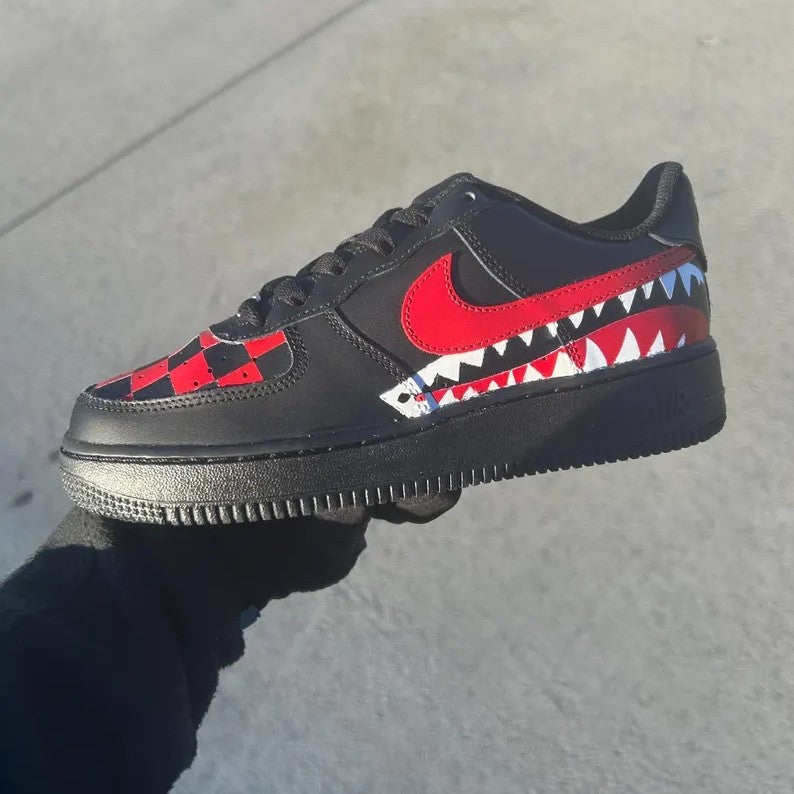 Custom Air Force 1 Black Red Checkerboard Shark Teeth Pattern