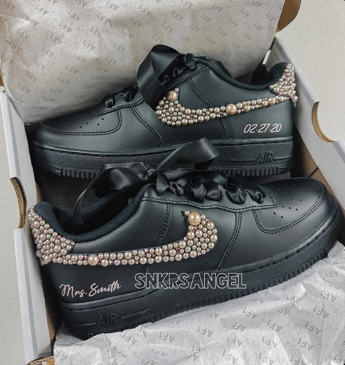 Custom Air Force 1 Black With Pearl Embellishments And Ribbon