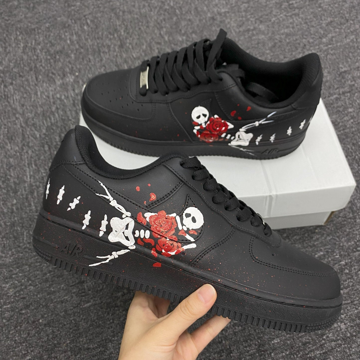 Custom Air Force 1 Black With Skull And Rose Pattern