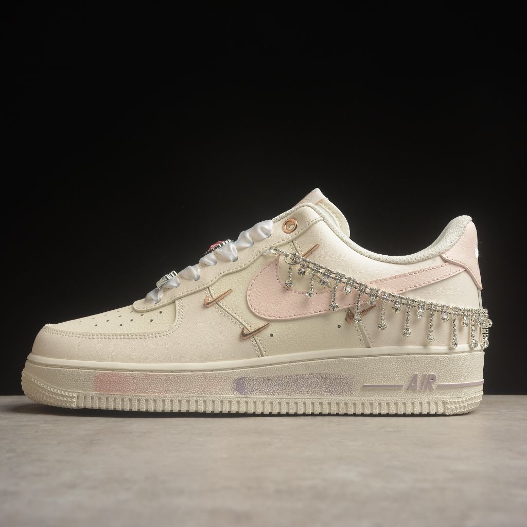 Custom Air Force 1 Cream And Baby Pink With Rhinestone Fringe