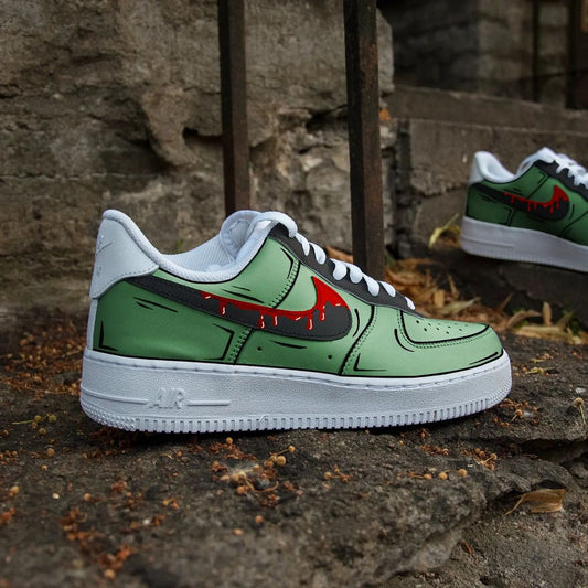 Custom Air Force 1 Green Cartoon With Black Red Dripping Swoosh