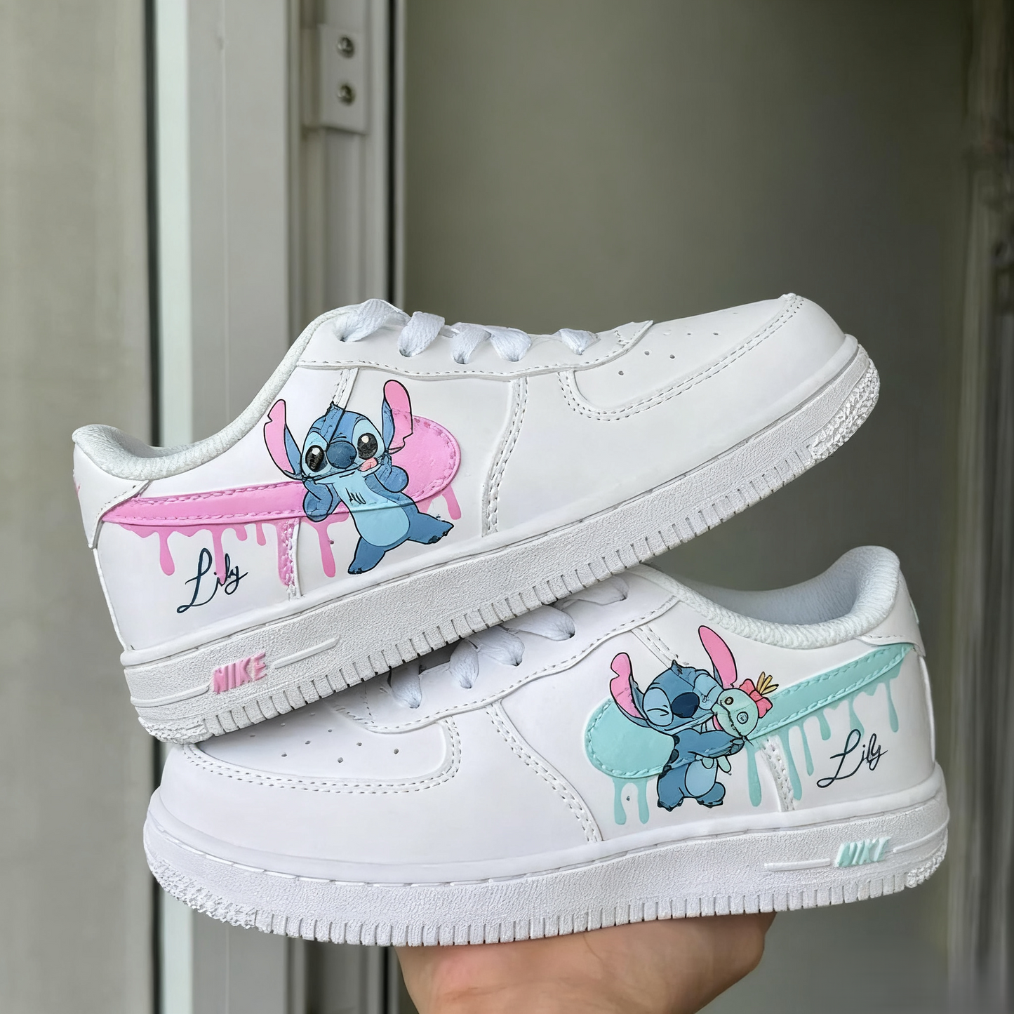 Custom Air Force 1 Stitch And Pink Teal Drip Design