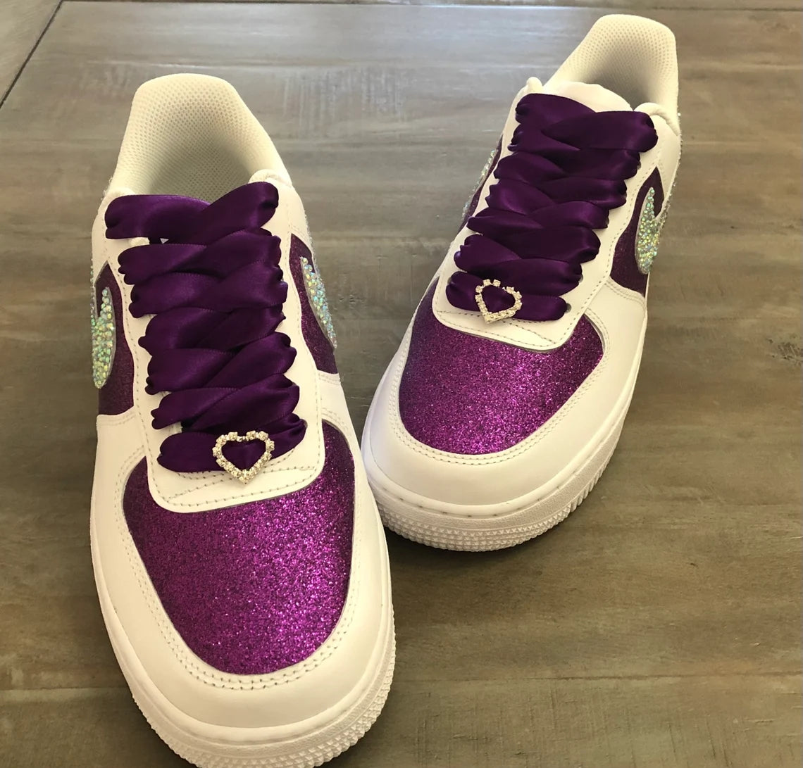 Custom Air Force 1 White And Purple Glitter Rhinestones Swoosh
