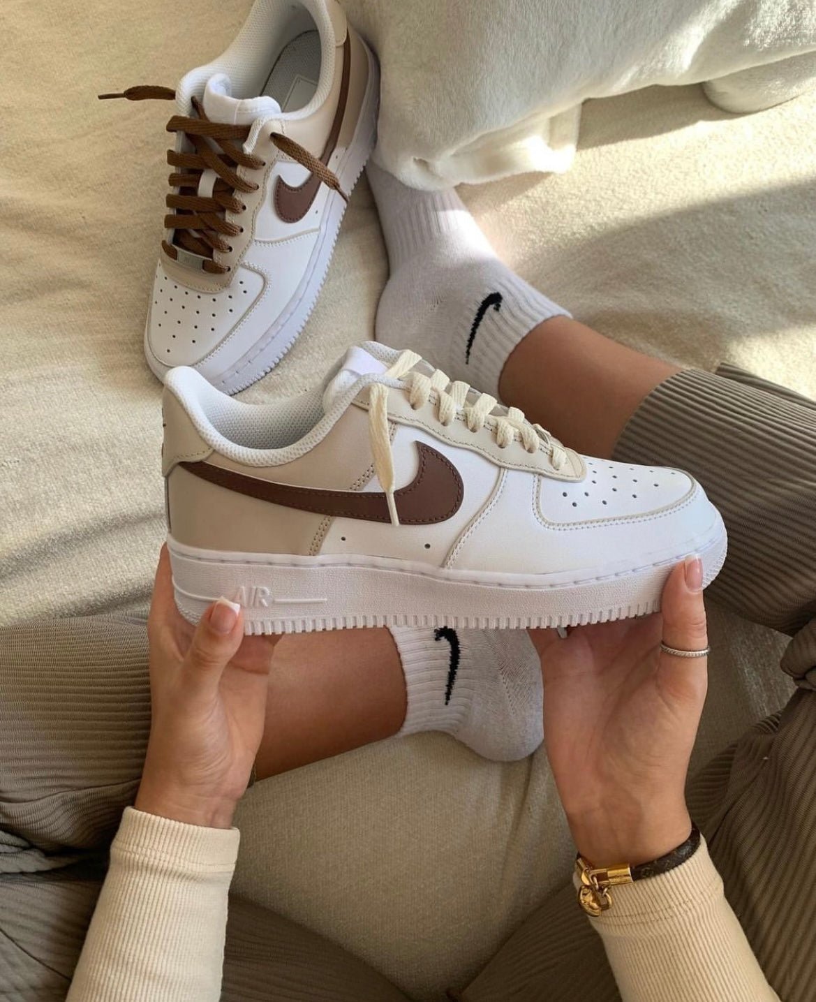 Custom Air Force 1 White Beige Brown Swoosh Design