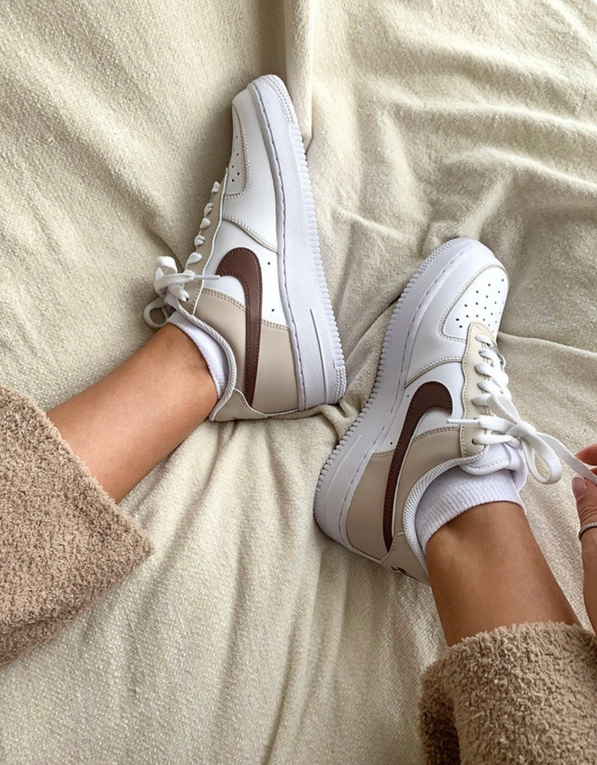 Custom Air Force 1 White Beige Brown Swoosh Design