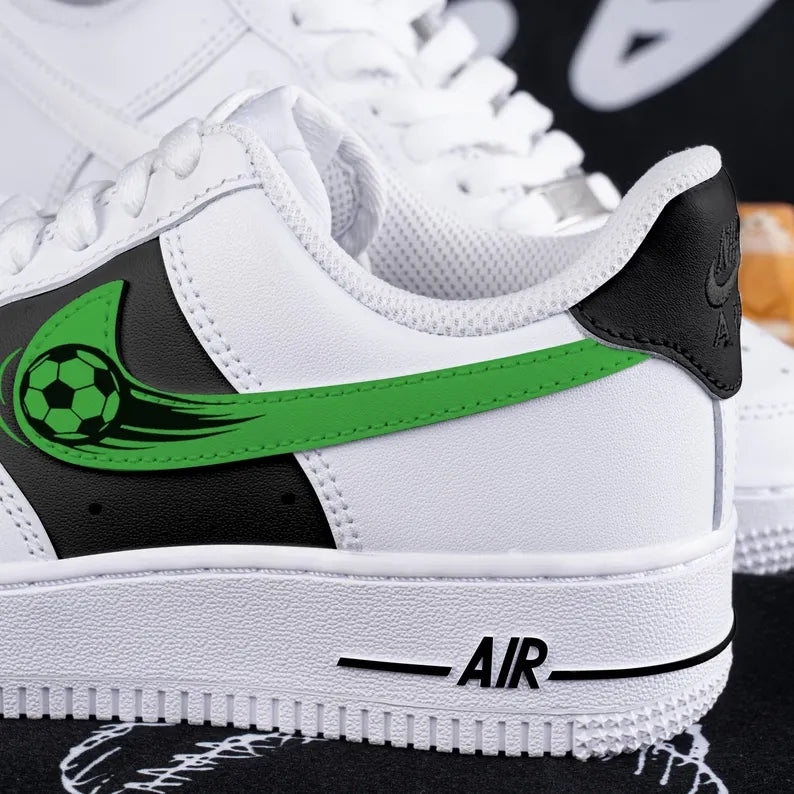 Custom Air Force 1 White Black with Green Soccer Ball Design