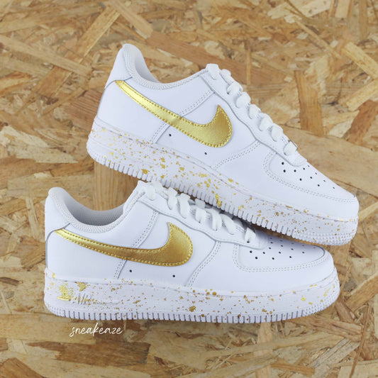 Custom Air Force 1 White Gold Swoosh And Splatter