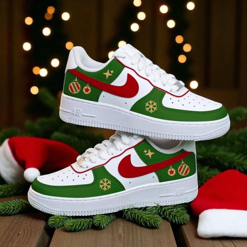 Custom Air Force 1 White Green Red With Christmas Ornaments And Snowflakes