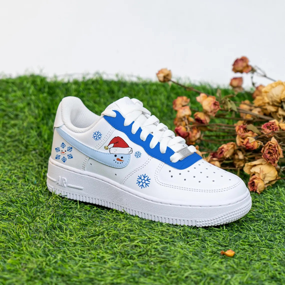 Custom Air Force 1 White Light Blue Snowman And Snowflakes Design