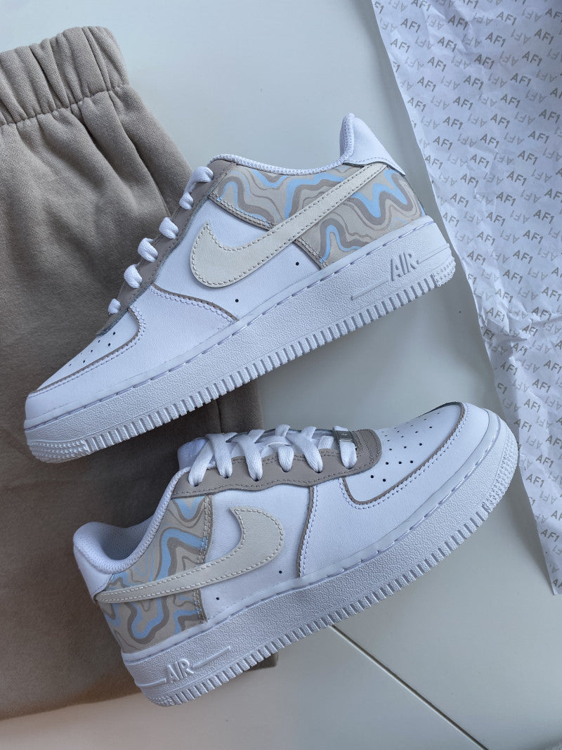 Custom Air Force 1 White Tan Baby Blue Wavy Pattern