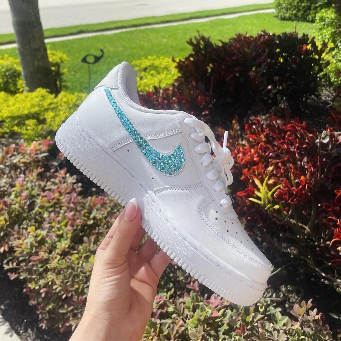 Custom Air Force 1 White Teal Rhinestones