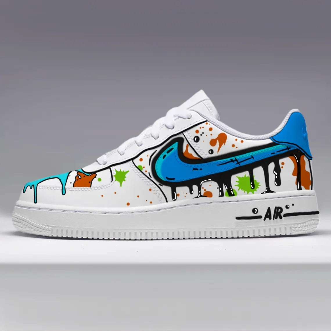 Custom Air Force 1 White with Blue Accents And Graffiti Splatter Patterns