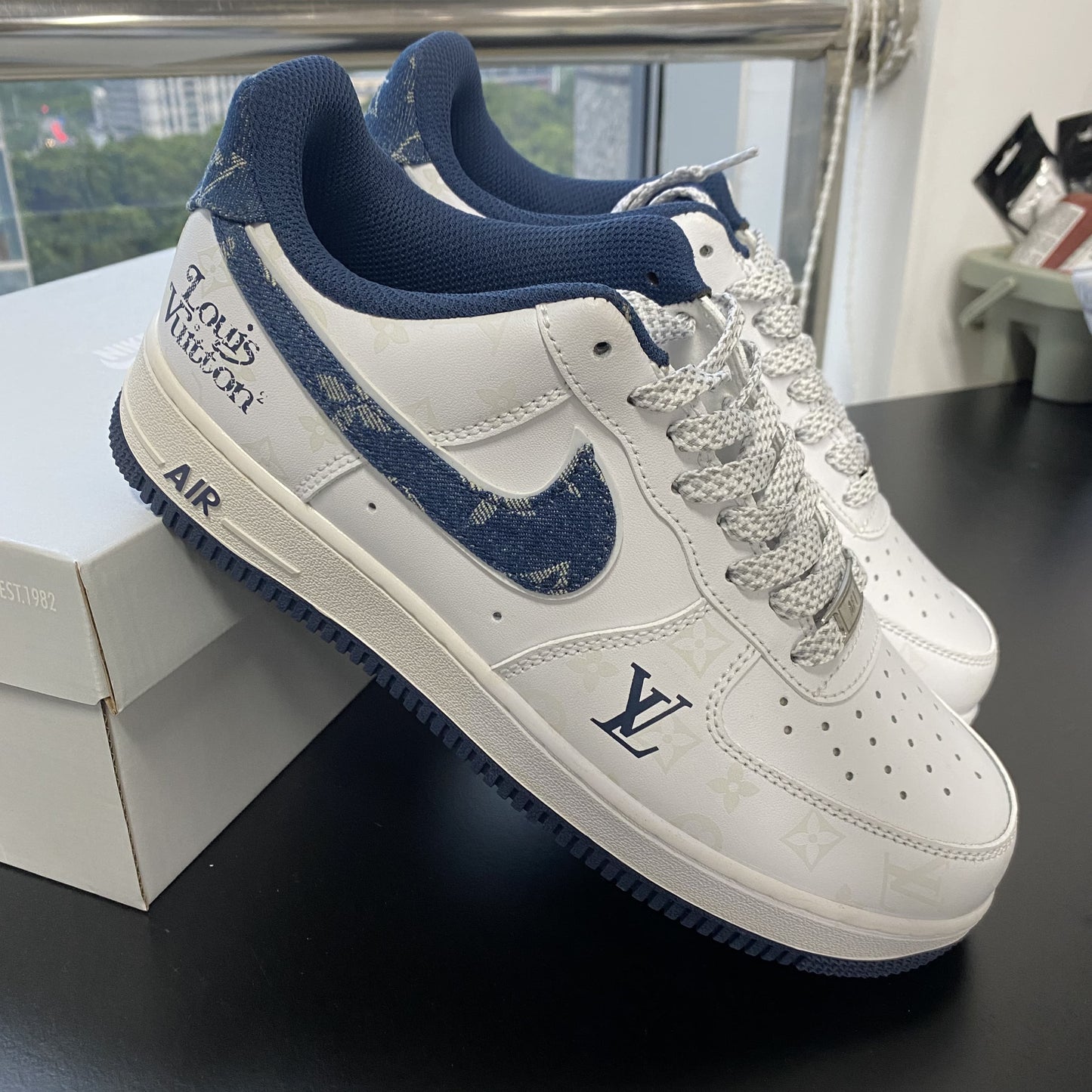 Custom Air Force 1 White with Blue LV Pattern