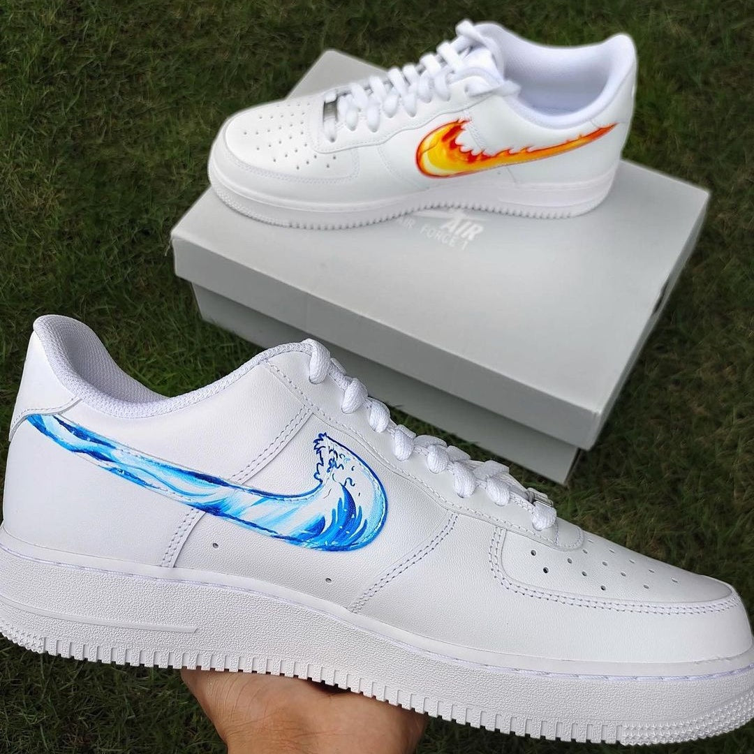 Custom Air Force 1 White With Blue Wave And Orange Flame Patterns