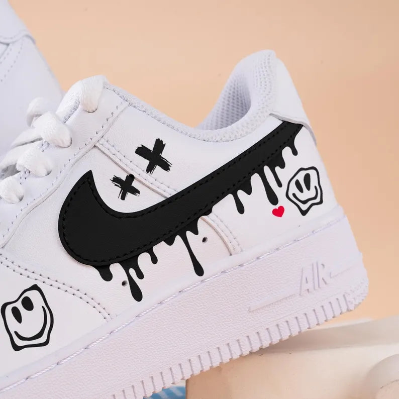 Custom Air Force 1 White with Dripping Black Logo Smiley Face Patterns