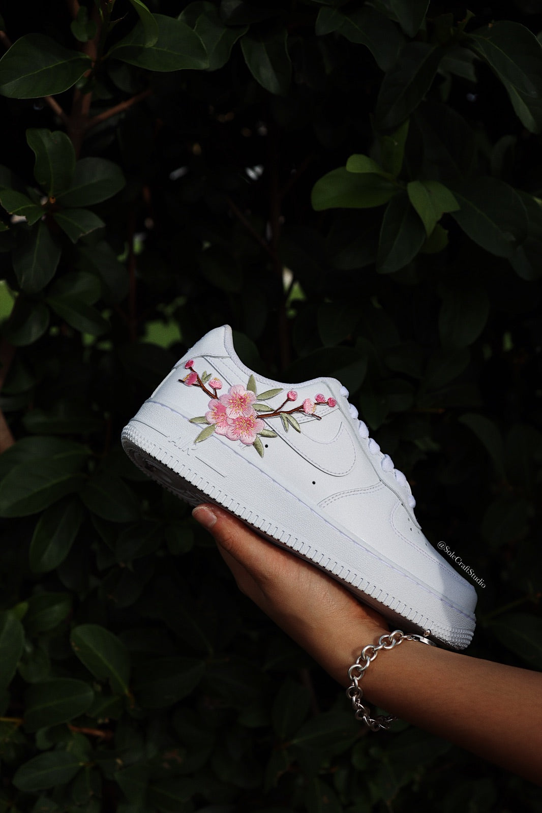 Custom Air Force 1 White With Pink Flower Embroidery