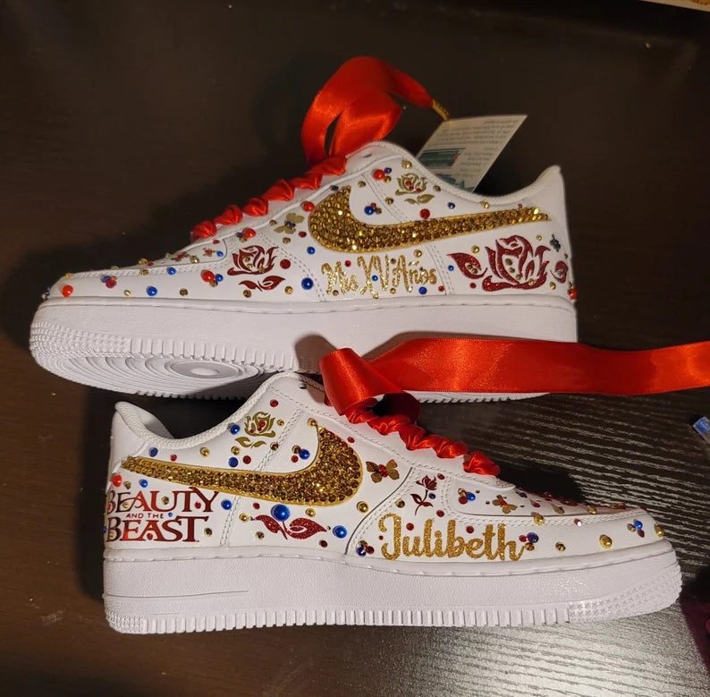 Custom Air Force 1 White Yellow Rhinestones Red Beauty And The Beast Theme