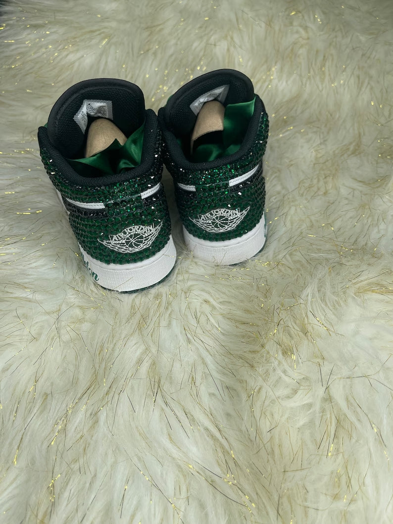 Custom Air Jordan 1 Black White Green Rhinestones
