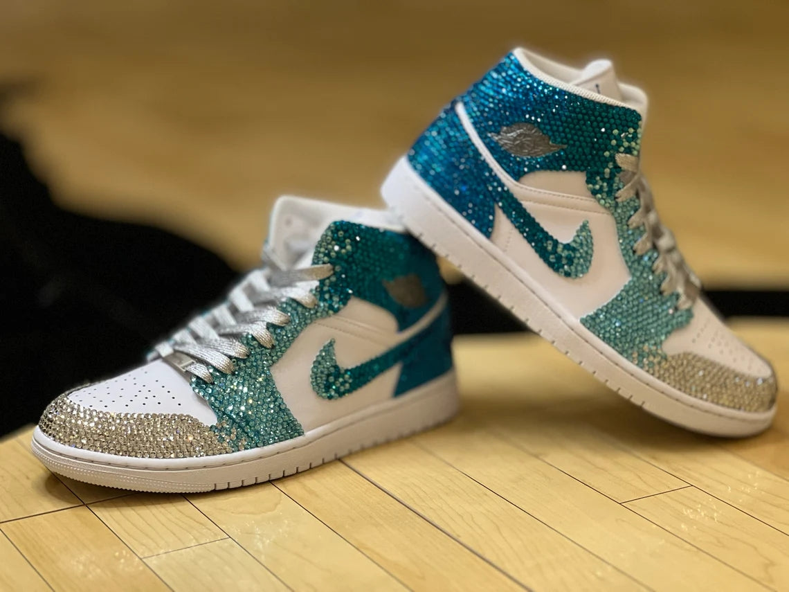 Custom Air Jordan 1 White Teal with Rhinestones