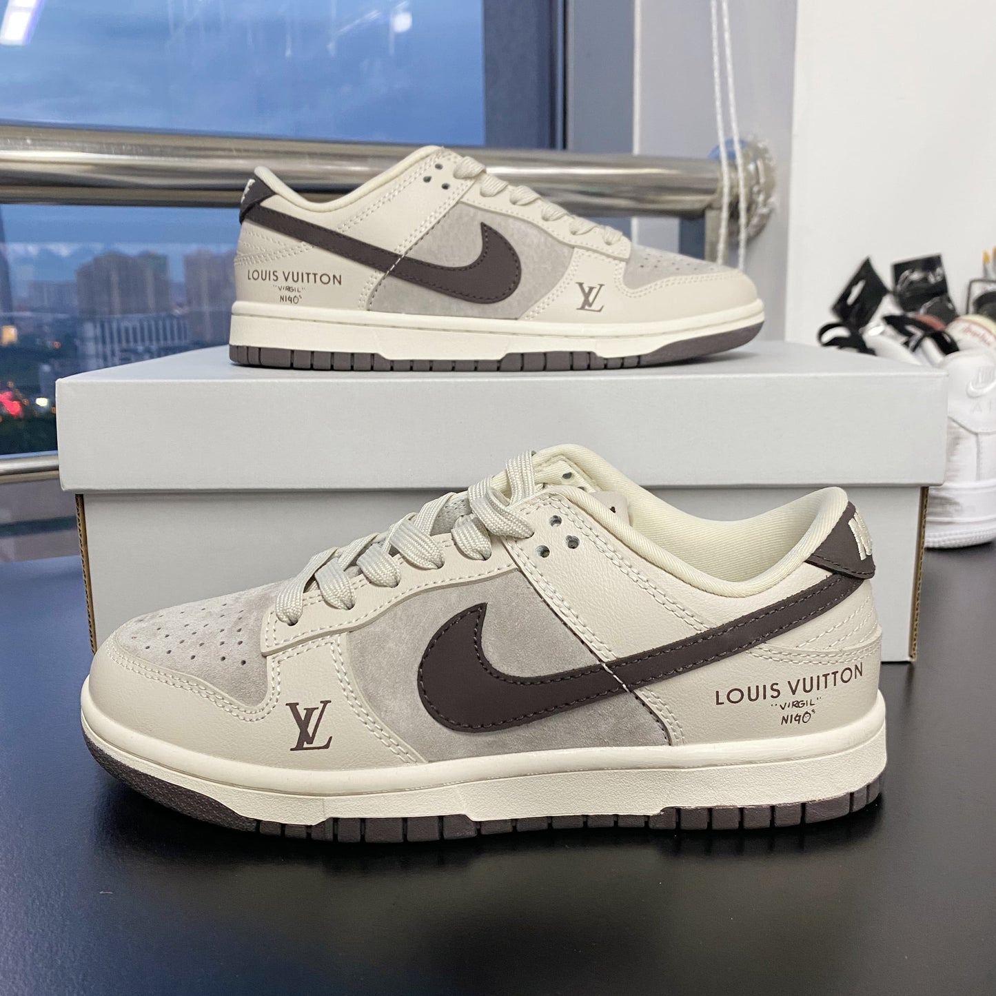 Custom Dunk Off - White Brown with LV Logo