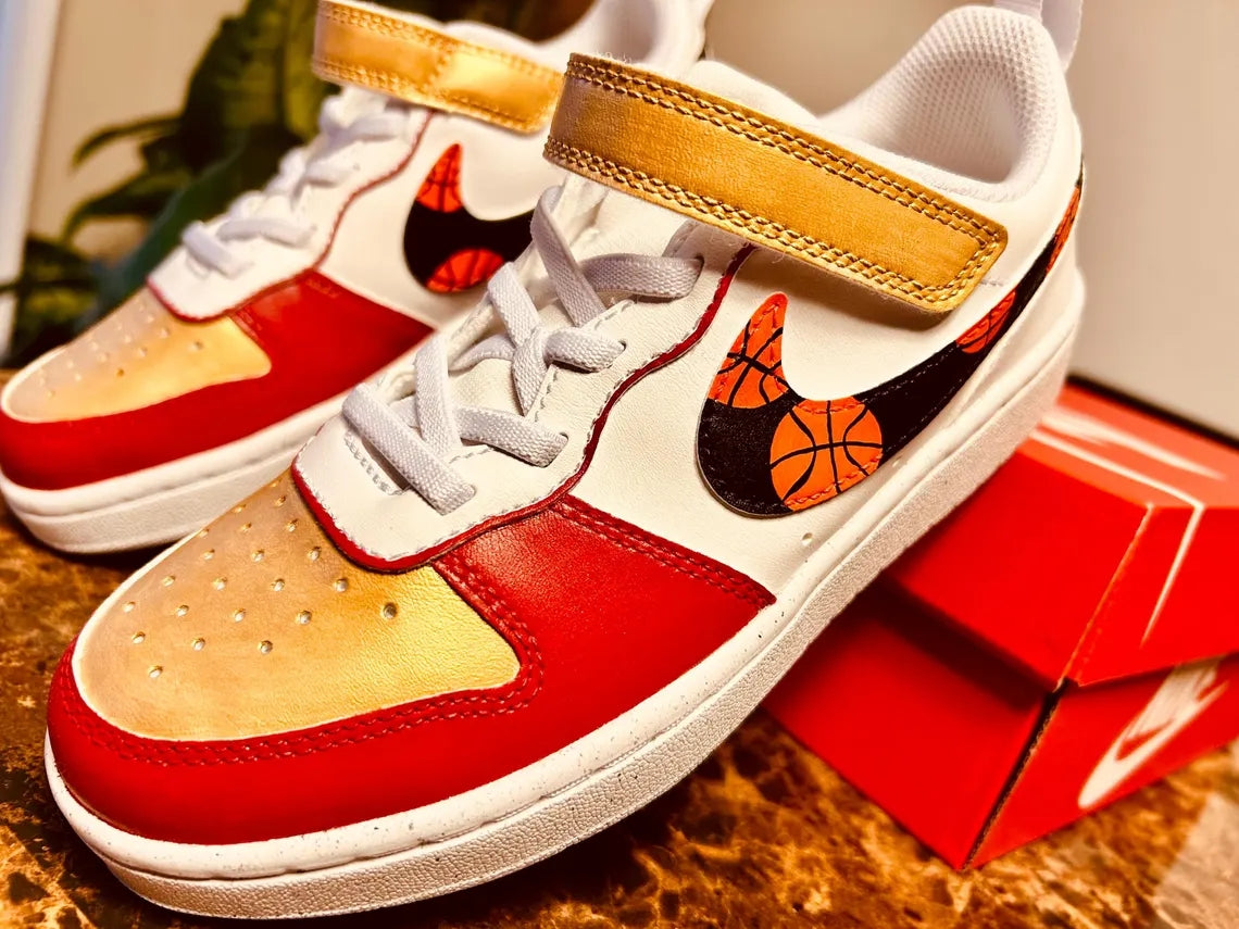 Custom Nike Court Borough White Red Gold with Basketball Swoosh