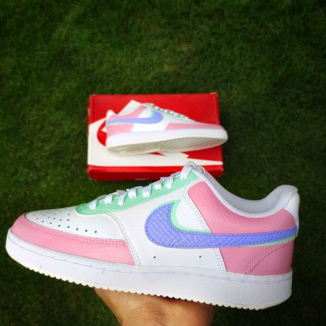 Custom Nike Court Vision Baby Pink White With Green And Purple Snake - Skin Pattern