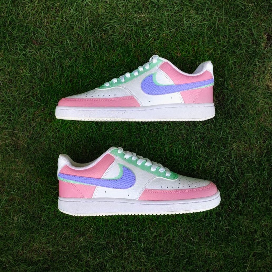 Custom Nike Court Vision Baby Pink White With Green And Purple Snake - Skin Pattern