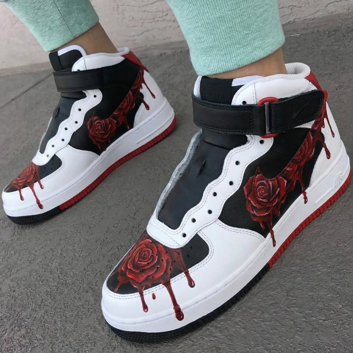 Dark Black White Red Rose Custom AF 1s Shoes