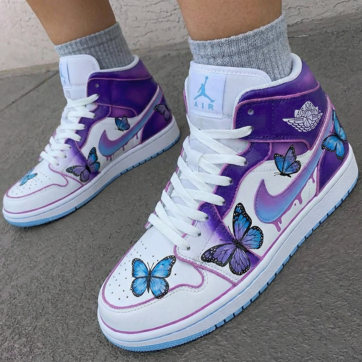 Dreamy Purple Blue Butterflies Custom AJ 1s Shoes