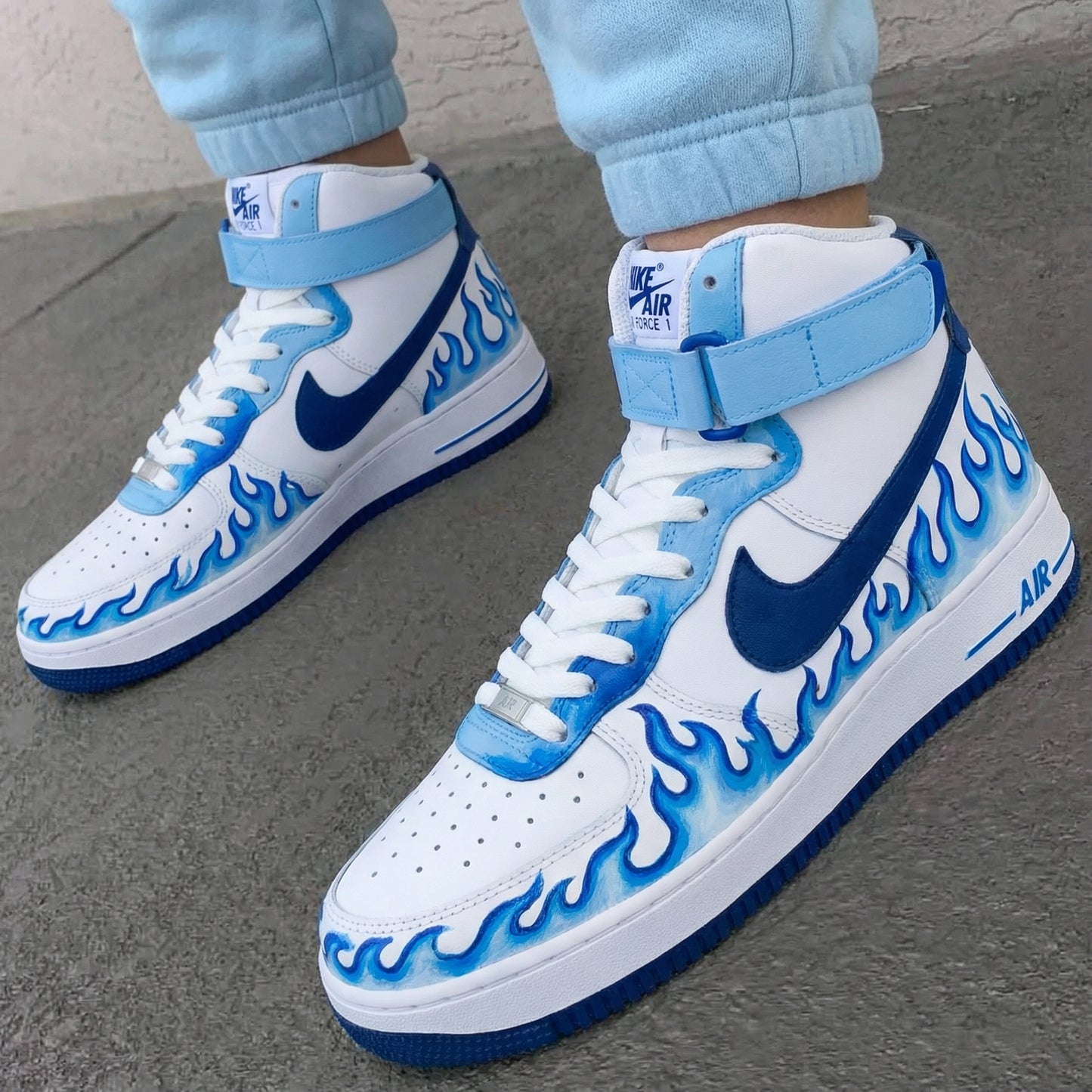 Fresh Baby Blue Navy Flame Custom AF 1s Shoes