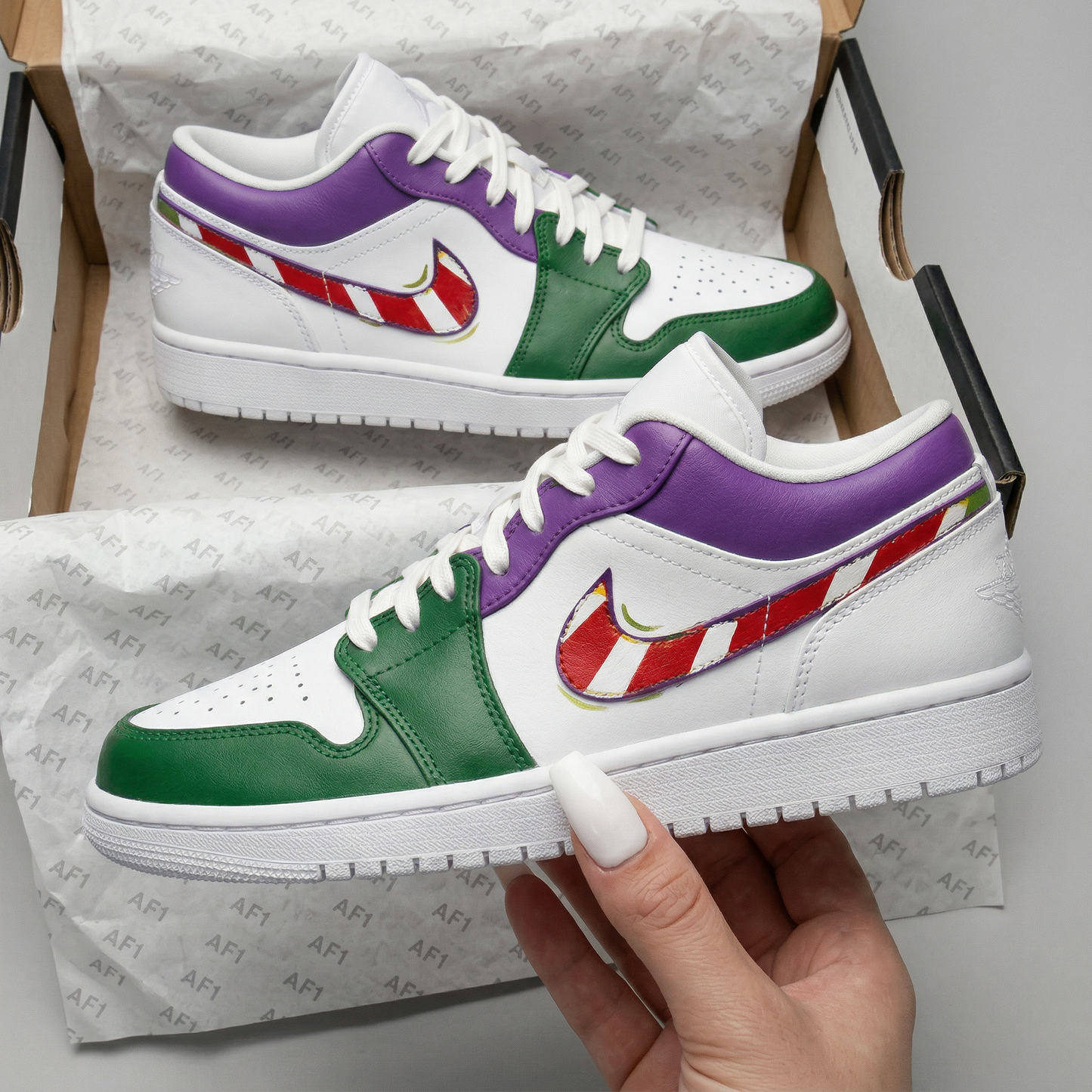Green Purple Red White Striped Swoosh Custom AJ 1s Shoes