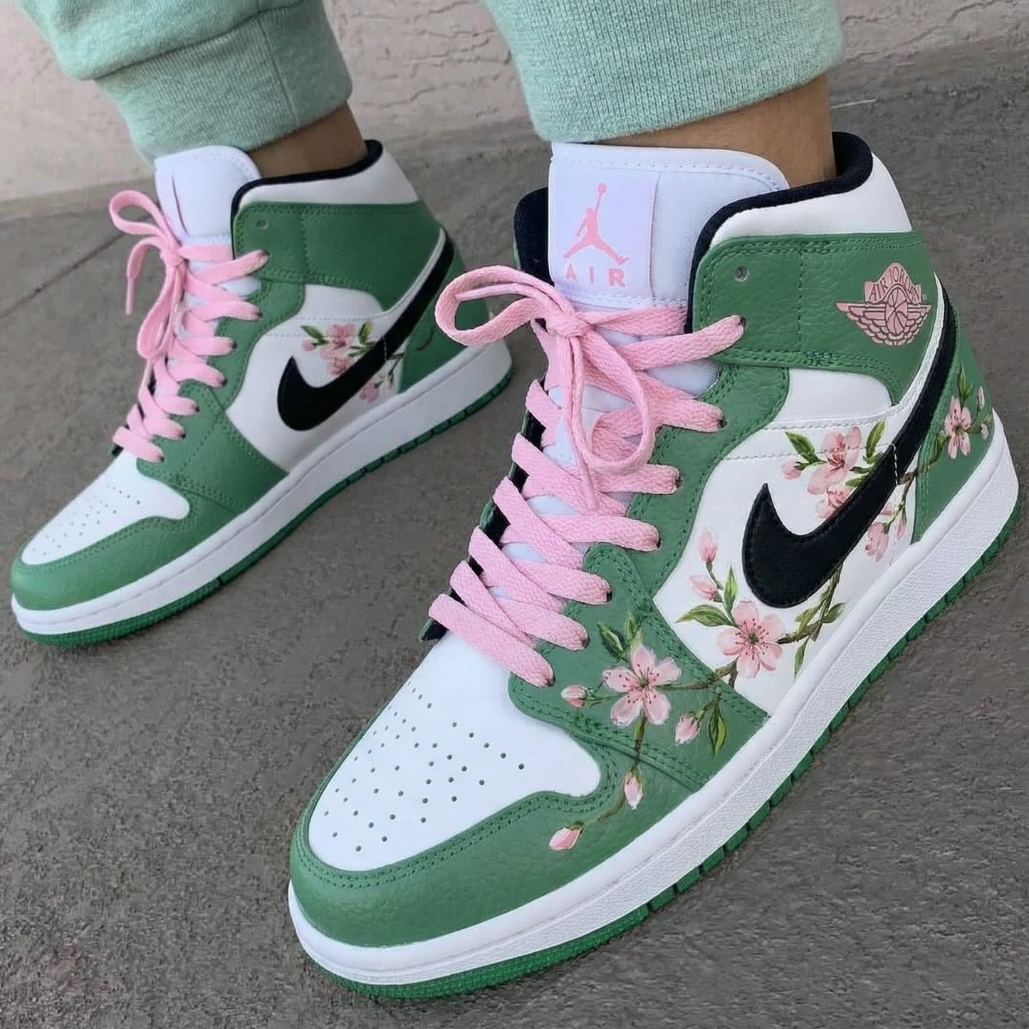Green White Sakura Pattern Custom AJ 1s Shoes
