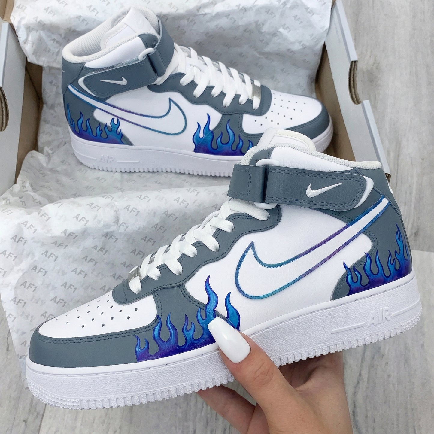 Grey Blue Flame Custom AF 1s Shoes
