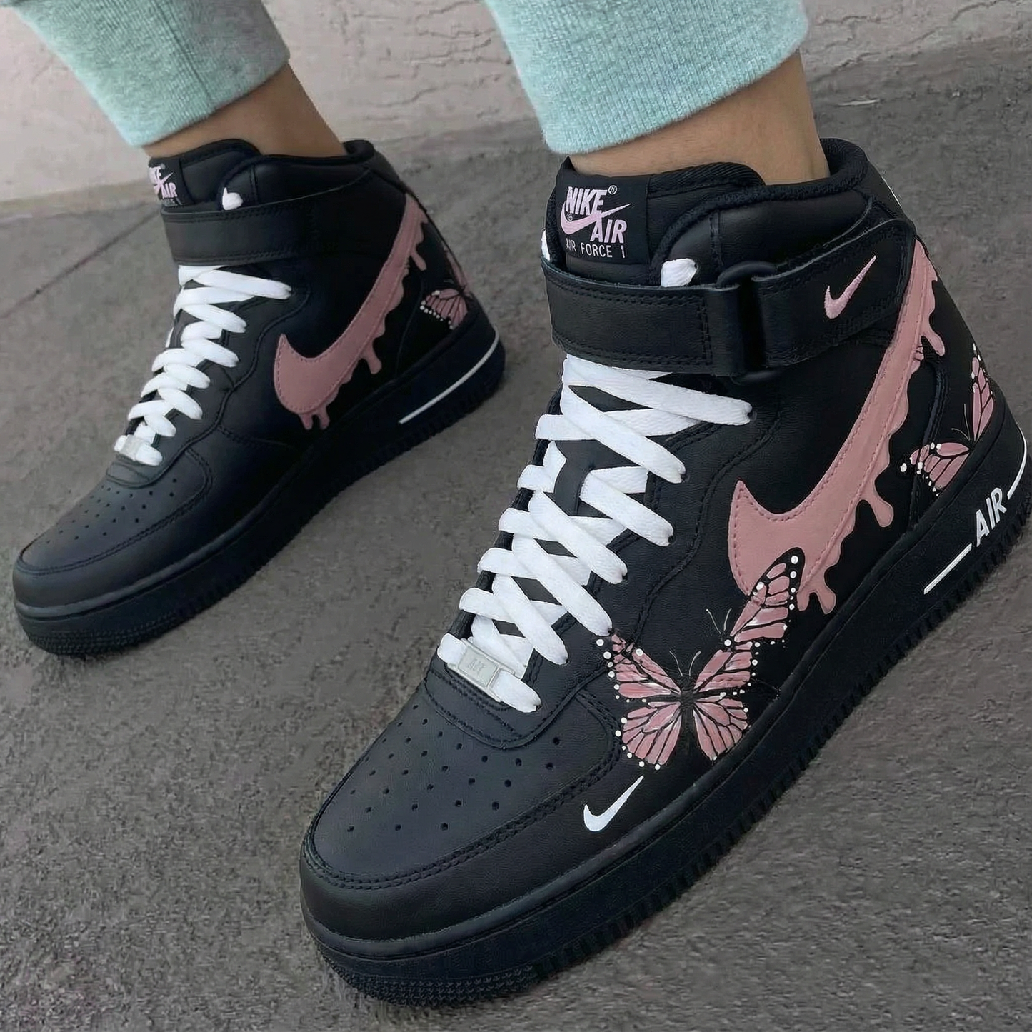 Hot Pink Butterflies on Black Drip Custom AF 1s Shoes