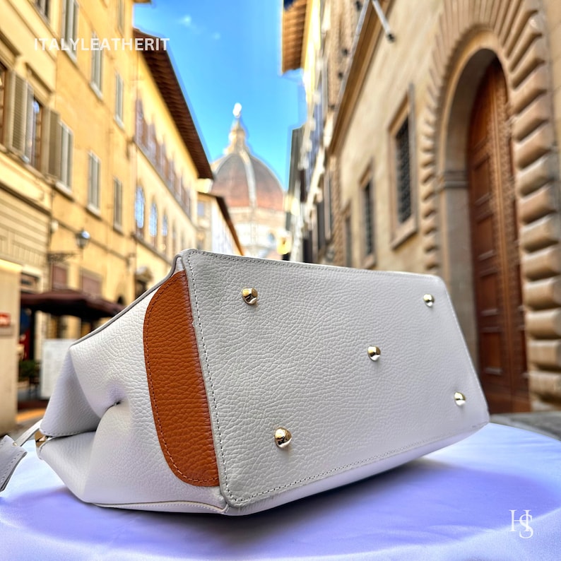 White & Brown Italian Handcrafted Pebbled Leather Tote Bag Detachable Crossbody Strap Luxury Daily Handbag, custom air force 1, custom sneakers