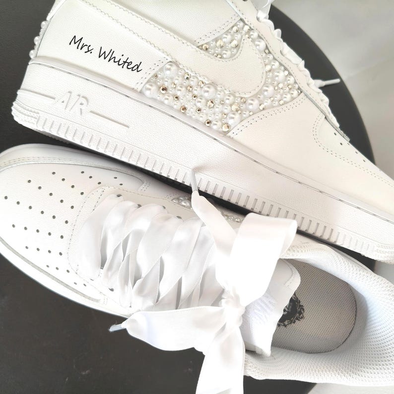 Pearl Rhinestone Embellished White Bridal Wedding Custom Air Force 1, Personalized Name & Wedding Date Satin Lace Custom Sneakers for Bride