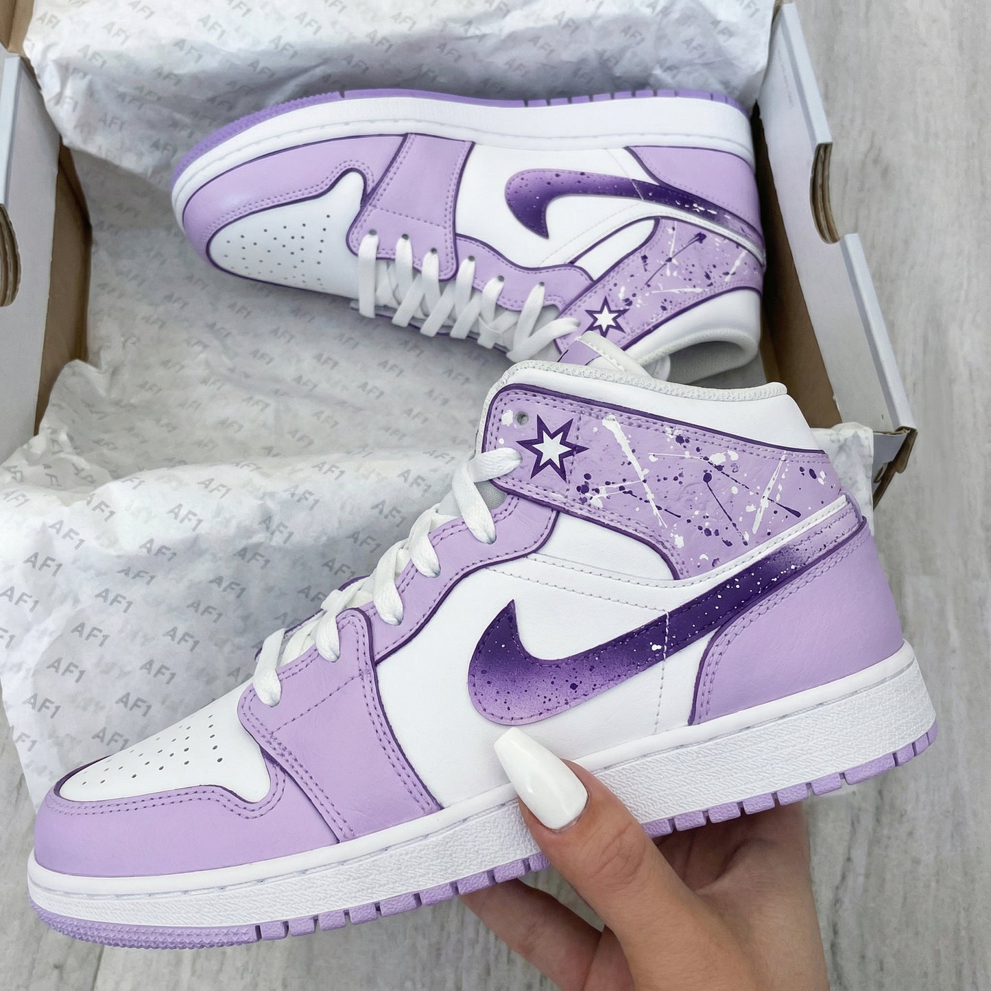 Lavender White Star Splash Custom AJ 1s Shoes