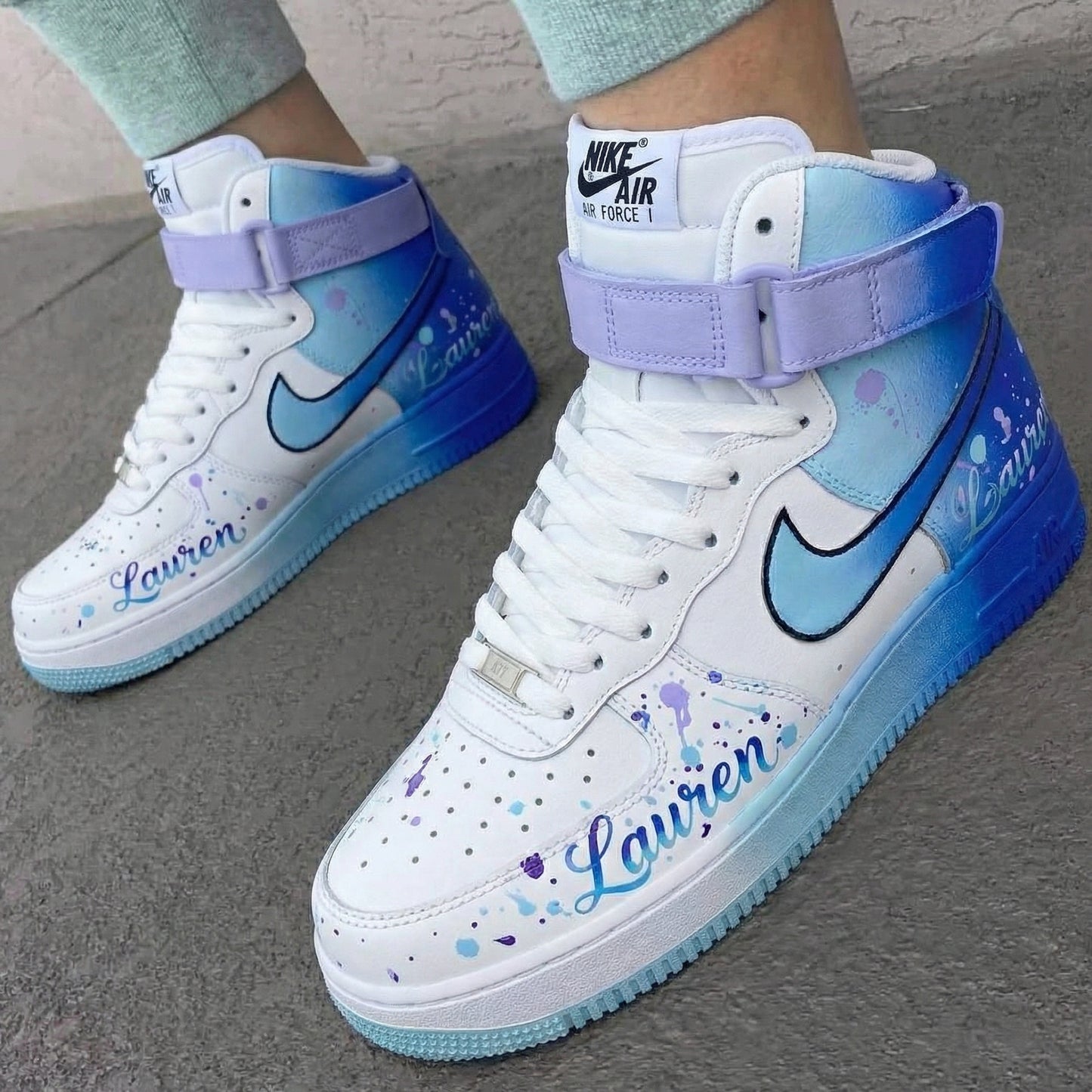 Magical Baby Blue Purple Splatter Design Custom AF 1s Shoes