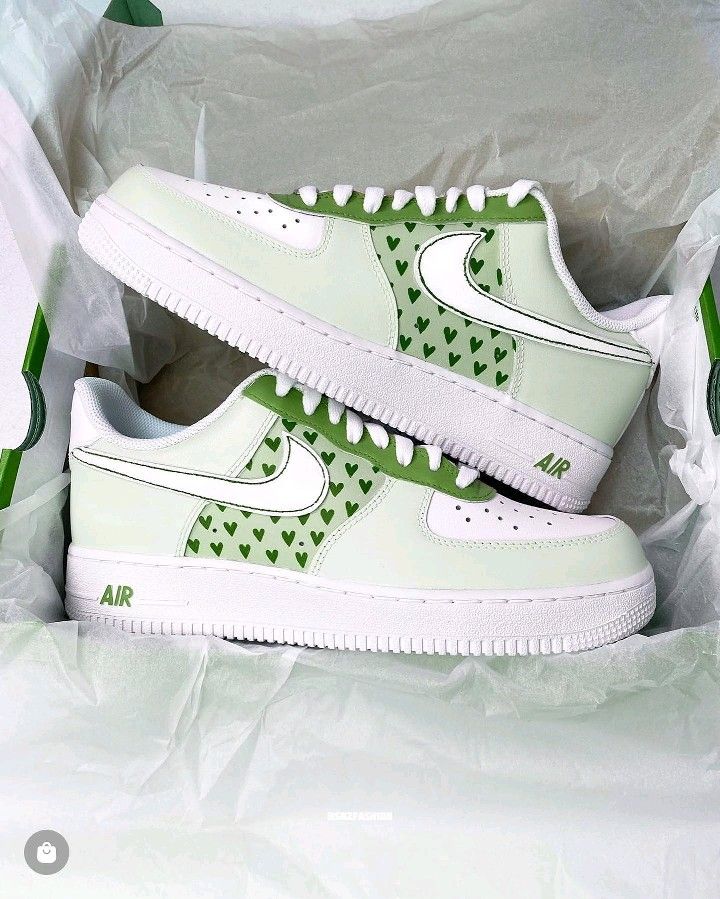 Mint Green Heart Hand-Painted Custom AF 1s Shoes