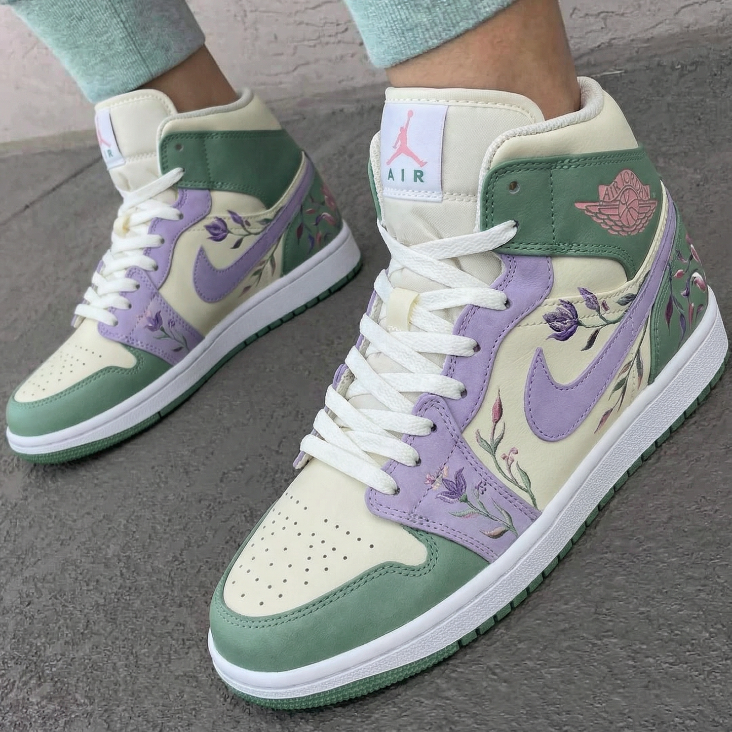 Mint Green Lavender Floral Custom AJ 1s Shoes
