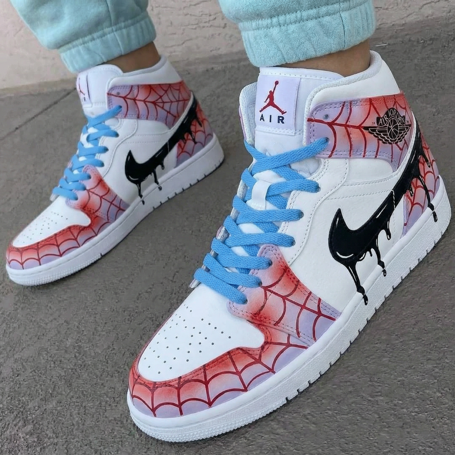 Mystic Blue Red Spider Web Effect Web Custom AJ 1s Shoes