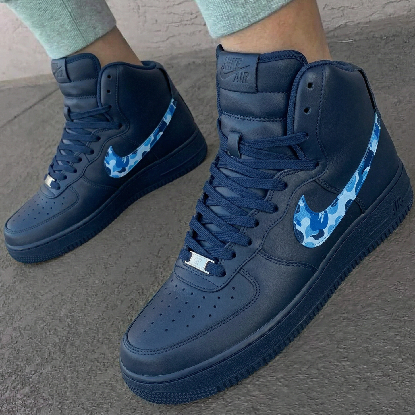 Navy Blue Camo Swoosh Custom AF 1s Shoes