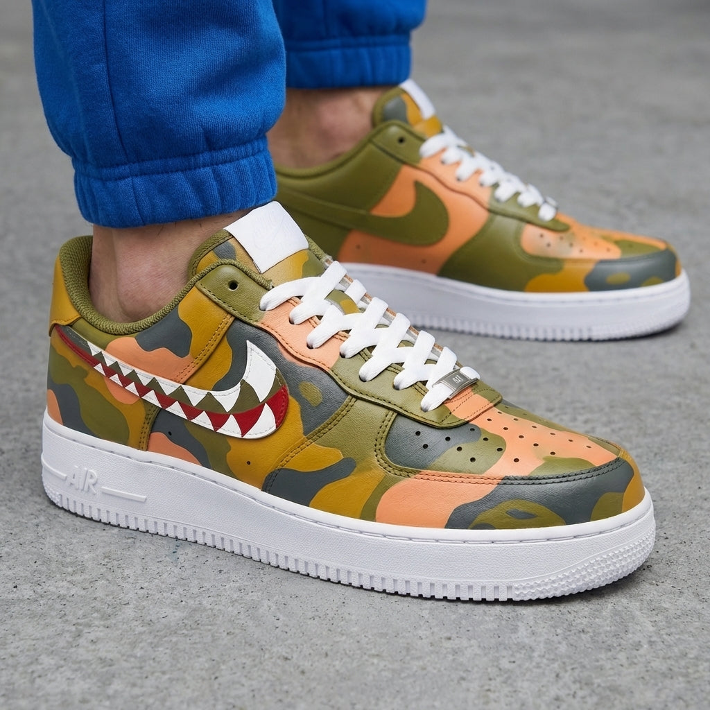 Olive Orange Yellow Gray Camouflage Shark Teeth Custom AF 1s Shoes