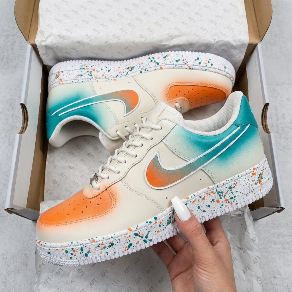 Orange Teal Gradient Splatter Custom AF 1s Shoes