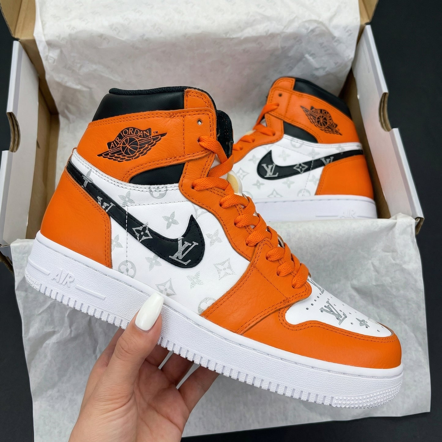 Orange White LV Custom AJ 1s Shoes